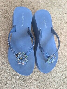 Rampage Navy Blue Sparkle Platform Flip Flops Size 7.5